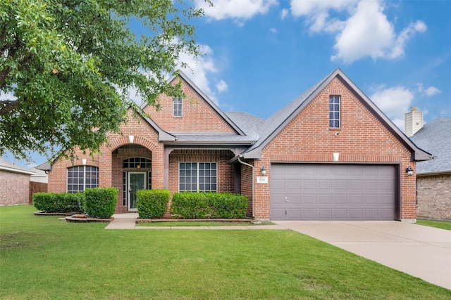 210 Boardwalk Ave, Waxahachie, TX 75165 - view of front of house featuring brick siding, concrete driveway, a front yard, a garage, and a shingled roof