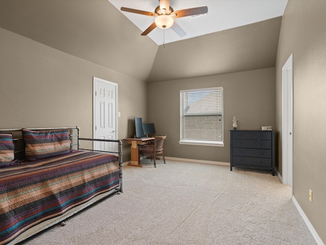 5503 Midnight Moon Dr, Frisco, TX 75036 - bedroom featuring carpet floors, vaulted ceiling, a desk, and a ceiling fan