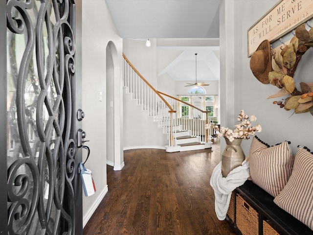 5503 Midnight Moon Dr, Frisco, TX 75036 - entryway with arched walkways, wood finished floors, stairs, and a ceiling fan