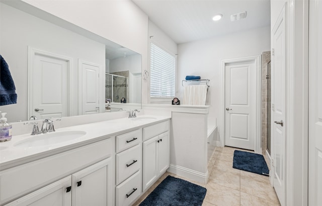 3814 Bastrop St, Melissa, TX 75454 - bathroom featuring a stall shower, double vanity, a bath, and tile patterned flooring