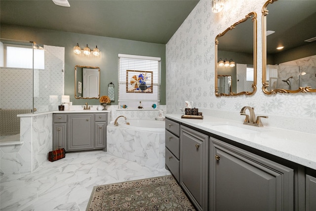 2604 Gavin Dr, Mansfield, TX 76063 - full bathroom featuring a bath, two vanities, and a marble finish shower