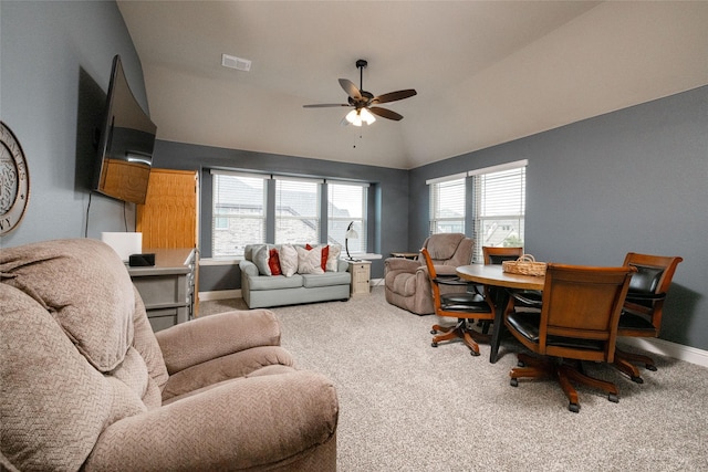 2604 Gavin Dr, Mansfield, TX 76063 - carpeted living room featuring lofted ceiling, a ceiling fan, and plenty of natural light