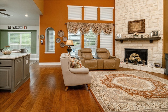 2604 Gavin Dr, Mansfield, TX 76063 - living room with a fireplace, wood finished floors, a ceiling fan, and recessed lighting