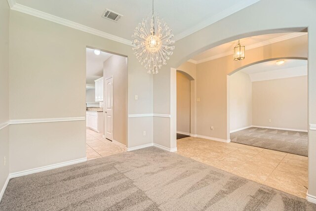 1119 Leafy Glade Rd, Forney, TX 75126 - tiled empty room with carpet floors, arched walkways, ornamental molding, and a chandelier