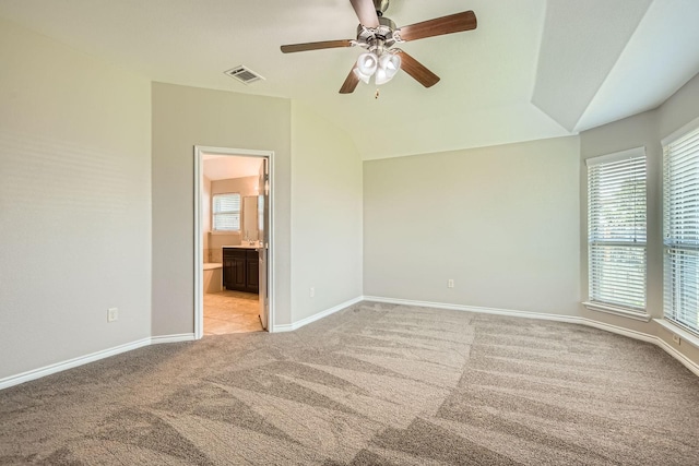 1119 Leafy Glade Rd, Forney, TX 75126 - empty room with light colored carpet, ceiling fan, and vaulted ceiling