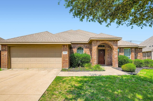 1119 Leafy Glade Rd, Forney, TX 75126 - view of front of house featuring brick siding, an attached garage, driveway, a front yard, and a shingled roof