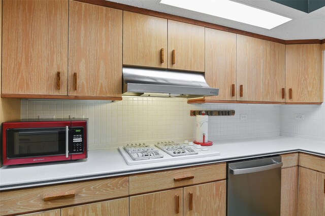 921 Sleepy Hollow Dr, Garland, TX 75043 - kitchen featuring stainless steel dishwasher, range hood, white gas stovetop, tasteful backsplash, and light countertops