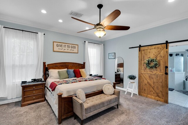 7251 Misty Glen Ln, Midlothian, TX 76065 - bedroom featuring a barn door, light colored carpet, ornamental molding, recessed lighting, and ceiling fan