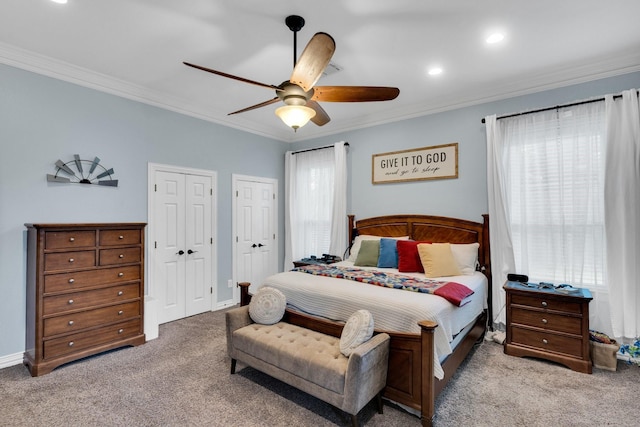 7251 Misty Glen Ln, Midlothian, TX 76065 - bedroom featuring carpet, crown molding, multiple closets, recessed lighting, and ceiling fan
