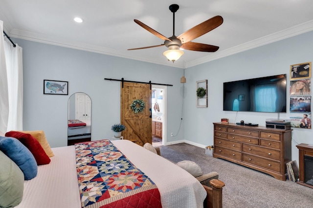 7251 Misty Glen Ln, Midlothian, TX 76065 - bedroom with a barn door, crown molding, carpet, recessed lighting, and ceiling fan
