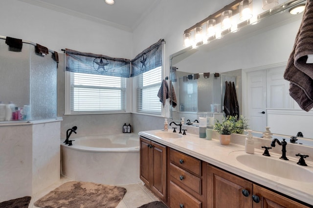 7251 Misty Glen Ln, Midlothian, TX 76065 - bathroom with a garden tub, double vanity, an enclosed shower, ornamental molding, and tile patterned flooring