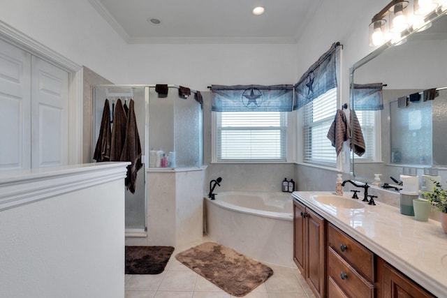 7251 Misty Glen Ln, Midlothian, TX 76065 - bathroom with a stall shower, a garden tub, vanity, tile patterned floors, and ornamental molding