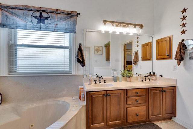 7251 Misty Glen Ln, Midlothian, TX 76065 - full bath featuring plenty of natural light, double vanity, a tub with jets, and tile patterned flooring
