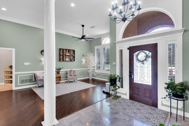 7251 Misty Glen Ln, Midlothian, TX 76065 - entryway with crown molding, recessed lighting, a chandelier, decorative columns, and ceiling fan
