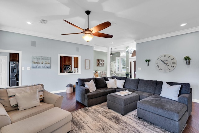 7251 Misty Glen Ln, Midlothian, TX 76065 - living area with ceiling fan, ornamental molding, dark wood finished floors, a chandelier, and recessed lighting