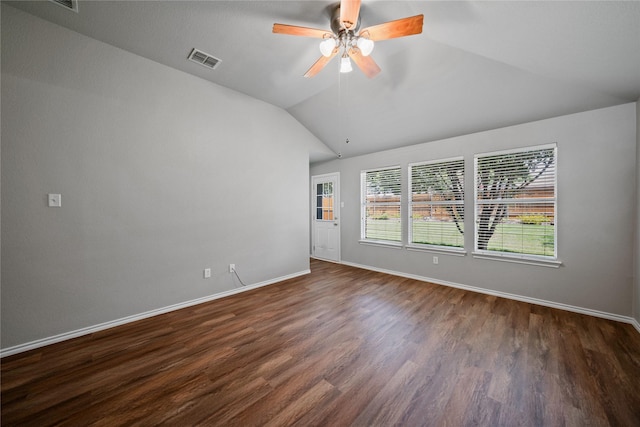 1617 Brookstone Dr, Little Elm, TX 75068 - spare room with ceiling fan, vaulted ceiling, and dark wood-type flooring