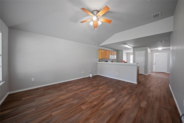 1617 Brookstone Dr, Little Elm, TX 75068 - unfurnished living room with a ceiling fan, dark wood-type flooring, and lofted ceiling