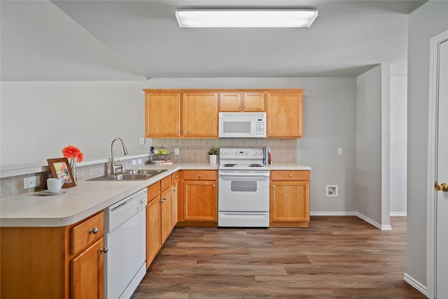 1617 Brookstone Dr, Little Elm, TX 75068 - kitchen with white appliances, decorative backsplash, wood finished floors, and light countertops