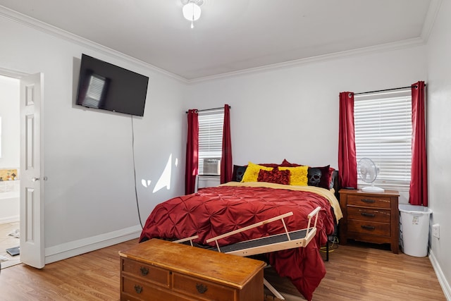 2210 N Sky Meadows Dr, Caddo Mills, TX 75135 - bedroom with ornamental molding, light wood-type flooring, connected bathroom, and cooling unit