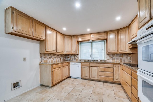 6221 Onyx Dr N, North Richland Hills, TX 76180 - kitchen with white appliances, backsplash, recessed lighting, light tile patterned floors, and light stone countertops