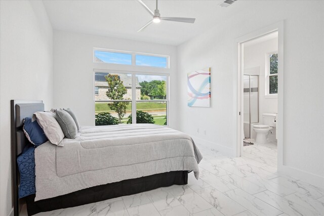 8305 Caballo Dr, North Richland Hills, TX 76182 - bedroom featuring marble look tiles, ensuite bathroom, and ceiling fan