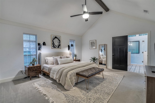 1509 Banbury Ct, Richardson, TX 75082 - bedroom with carpet flooring, beam ceiling, ceiling fan, and high vaulted ceiling