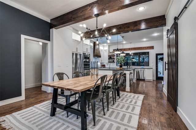 1509 Banbury Ct, Richardson, TX 75082 - dining room with a barn door, beamed ceiling, a chandelier, dark wood-type flooring, and recessed lighting