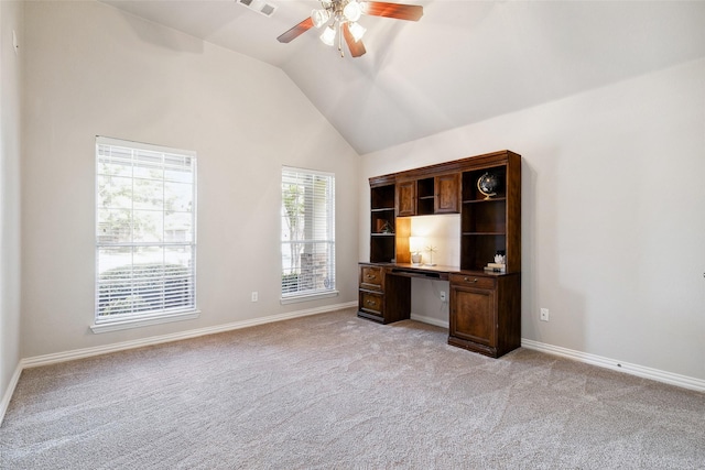8648 Marion Dr, Frisco, TX 75036 - unfurnished office with lofted ceiling, a ceiling fan, light carpet, and built in desk