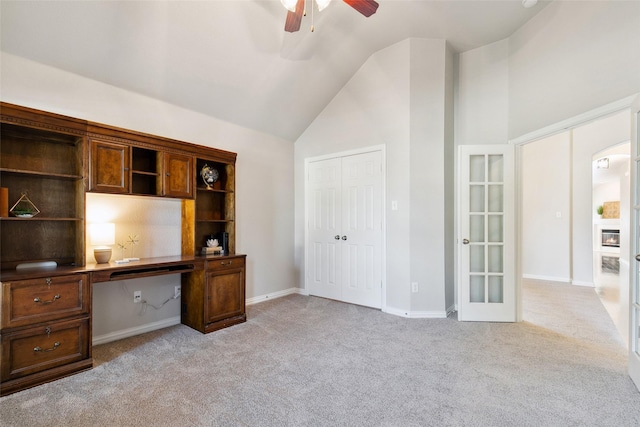 8648 Marion Dr, Frisco, TX 75036 - unfurnished office with vaulted ceiling, light carpet, a ceiling fan, and built in desk