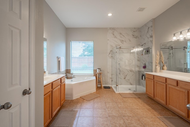 134 Fox Hollow Blvd, Forney, TX 75126 - full bathroom featuring a bath, a marble finish shower, vanity, tile patterned flooring, and recessed lighting