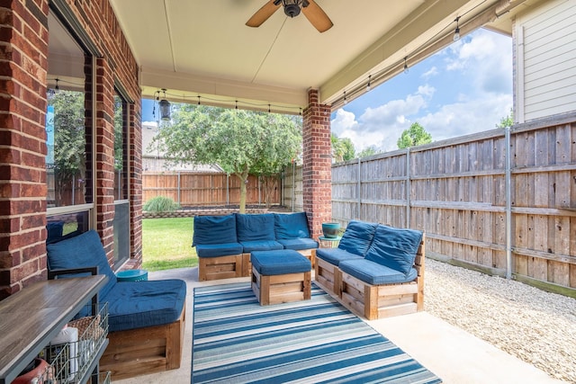 134 Fox Hollow Blvd, Forney, TX 75126 - fenced backyard featuring an outdoor living space and ceiling fan