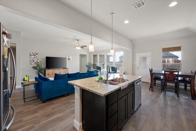 3703 Twin Pines Dr, Grand Prairie, TX 76065 - kitchen with stainless steel appliances, vaulted ceiling, plenty of natural light, wood finished floors, and pendant lighting