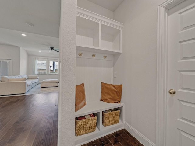 1701 Briar Hill Dr, Denton, TX 76207 - mudroom featuring ceiling fan, dark wood-type flooring, and recessed lighting