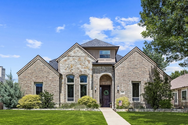 406 Old York Rd, Coppell, TX 75019 - french country style house featuring a front lawn and brick siding