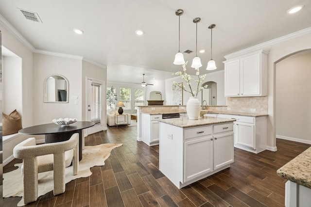 1012 Rising Moon Dr, Fort Worth, TX 76052 - kitchen featuring arched walkways, a peninsula, decorative backsplash, a ceiling fan, and dark wood finished floors