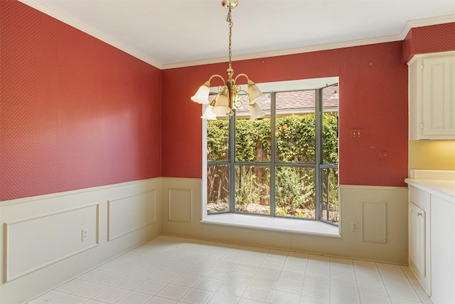 10009 Apple Creek Dr, Dallas, TX 75243 - unfurnished dining area with a chandelier, crown molding, a wainscoted wall, and a decorative wall