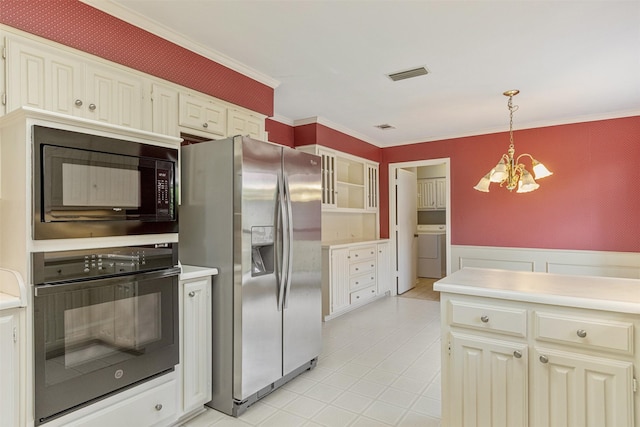 10009 Apple Creek Dr, Dallas, TX 75243 - kitchen with black appliances, a chandelier, washer / clothes dryer, crown molding, and light countertops