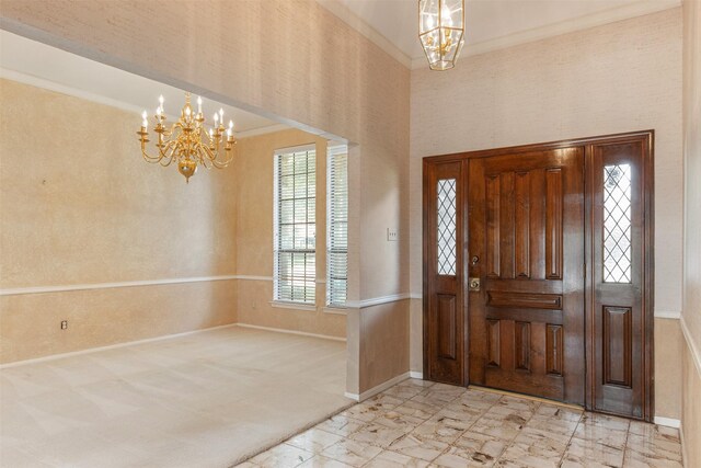 10009 Apple Creek Dr, Dallas, TX 75243 - foyer featuring a chandelier, light marble finish floors, ornamental molding, and a towering ceiling