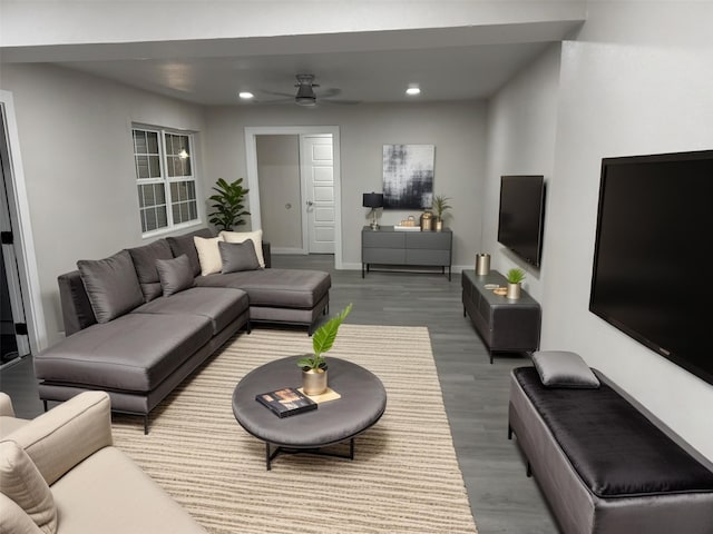 8718 Greenmound Ave, Dallas, TX 75227 - living room featuring recessed lighting, a ceiling fan, and wood finished floors
