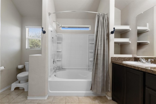 628 Cameron Way, Azle, TX 76020 - full bathroom featuring shower / bath combo, double vanity, tile patterned floors, and vaulted ceiling