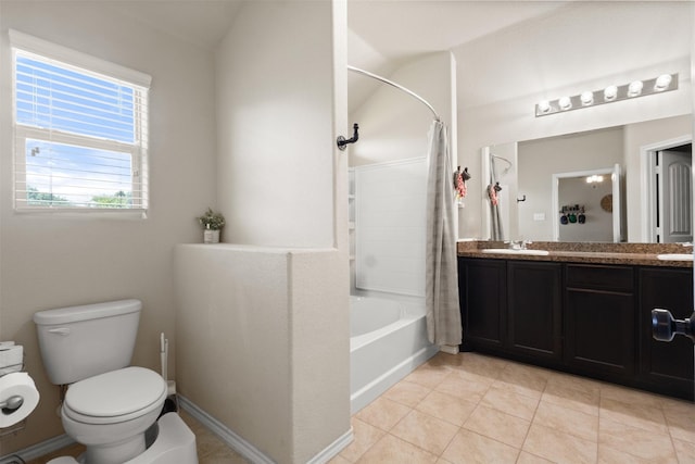 628 Cameron Way, Azle, TX 76020 - full bathroom featuring shower / bath combo, double vanity, tile patterned floors, and vaulted ceiling