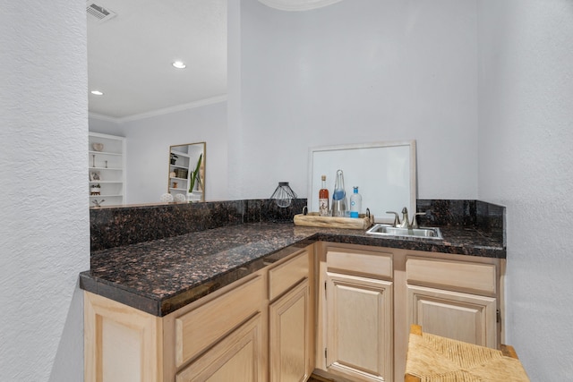 8347 Mountainview Dr, Dallas, TX 75249 - bar area featuring crown molding, a textured wall, and recessed lighting