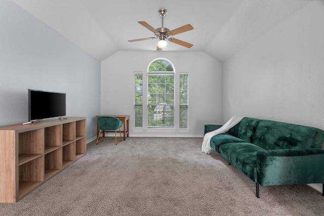 8347 Mountainview Dr, Dallas, TX 75249 - living area with ceiling fan, carpet flooring, and lofted ceiling