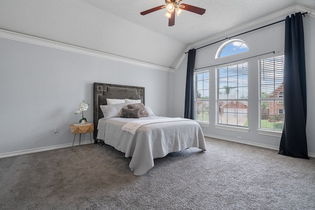 8347 Mountainview Dr, Dallas, TX 75249 - bedroom with vaulted ceiling, carpet, ornamental molding, a ceiling fan, and a textured ceiling