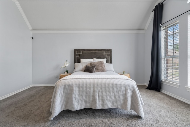8347 Mountainview Dr, Dallas, TX 75249 - bedroom featuring ornamental molding, vaulted ceiling, and carpet floors
