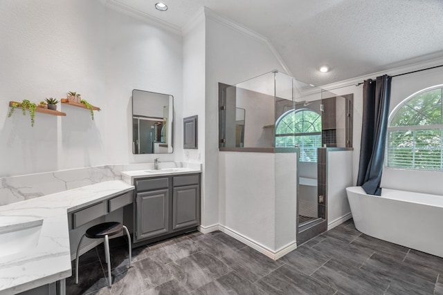 8347 Mountainview Dr, Dallas, TX 75249 - full bathroom with ornamental molding, vanity, a shower stall, a freestanding tub, and vaulted ceiling