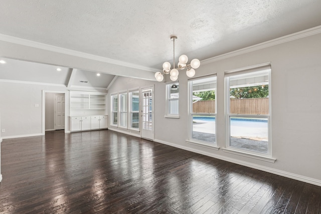 6714 Barkworth Dr, Dallas, TX 75248 - unfurnished living room with healthy amount of natural light, dark wood-type flooring, a chandelier, a textured ceiling, and lofted ceiling