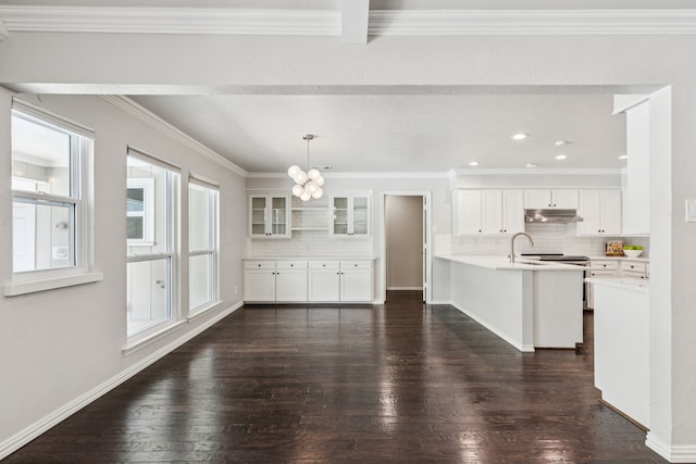 6714 Barkworth Dr, Dallas, TX 75248 - kitchen with under cabinet range hood, backsplash, dark wood-style flooring, light countertops, and ornamental molding