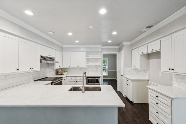 6714 Barkworth Dr, Dallas, TX 75248 - kitchen featuring open shelves, stainless steel appliances, a peninsula, dark wood-style flooring, and under cabinet range hood