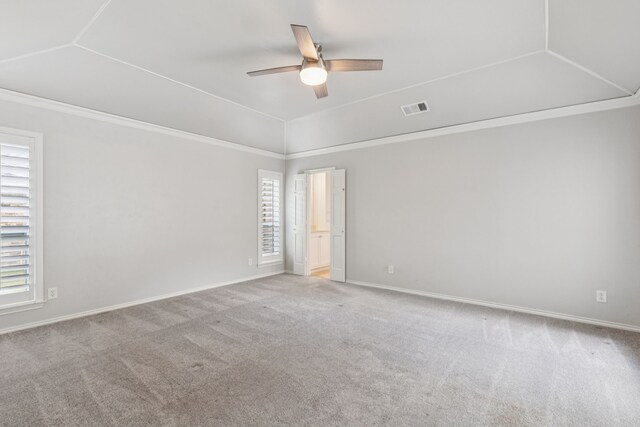 6714 Barkworth Dr, Dallas, TX 75248 - carpeted empty room with plenty of natural light, ceiling fan, crown molding, and lofted ceiling